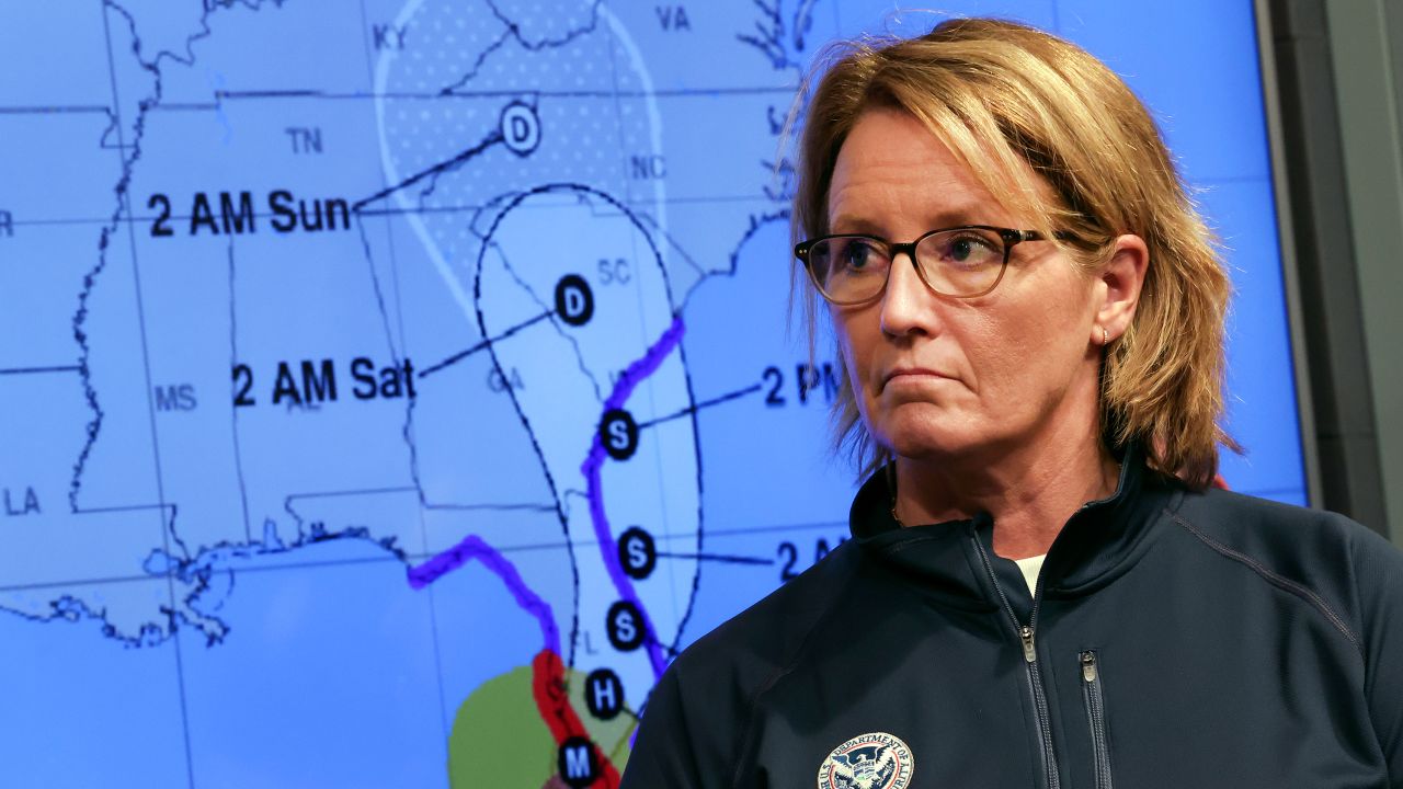 Federal Emergency Management Agency (FEMA) Administrator Deanne Criswell stands next to a track map of Hurricane Ian, during a press conference at FEMA Headquarters on September 28, 2022 in Washington, DC. Hurricane Ian, with sustained winds of 155 mph, is approaching Category 5 status as it heads toward Florida's southwest coast.