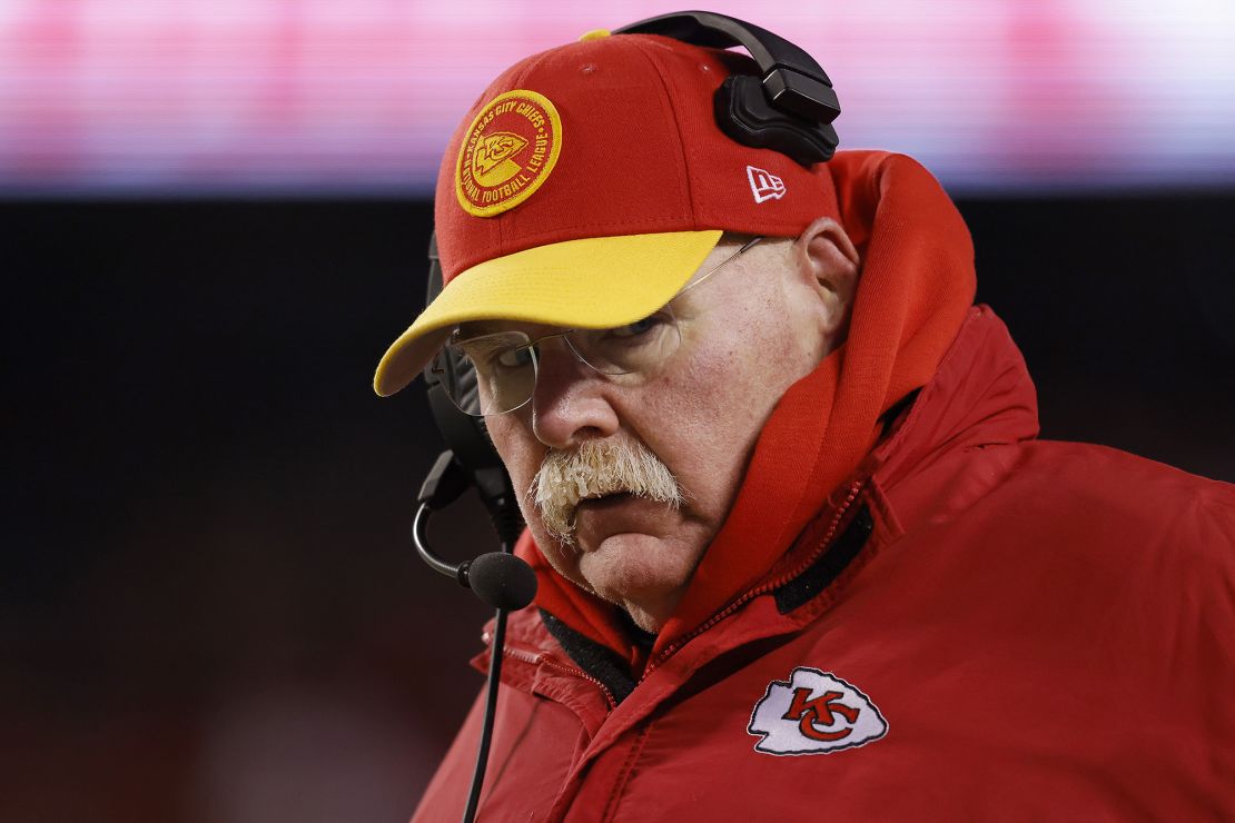 KANSAS CITY, MISSOURI - JANUARY 13: Head coach Andy Reid of the Kansas City Chiefs reacts during the AFC Wild Card Playoffs against the Miami Dolphins at GEHA Field at Arrowhead Stadium on January 13, 2024 in Kansas City, Missouri. (Photo by David Eulitt/Getty Images)