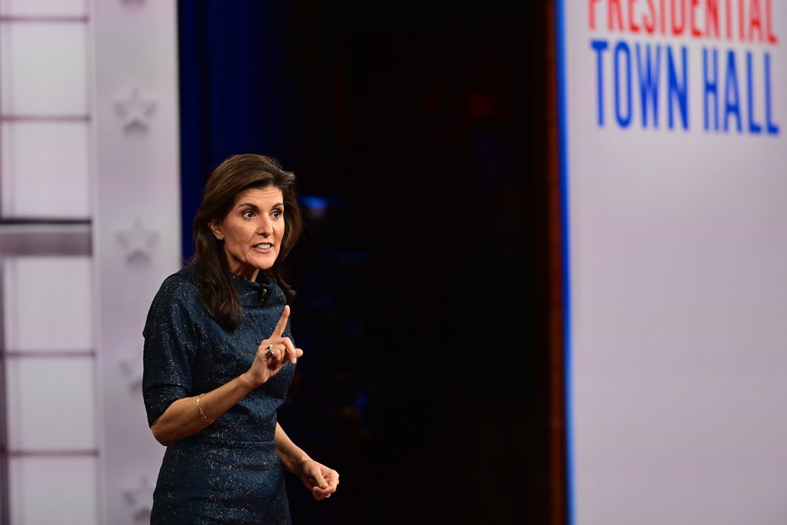 Haley participates in a CNN Republican Presidential Town Hall moderated by CNN's Jake Tapper at New England College in Henniker, New Hampshire, on January 18.
