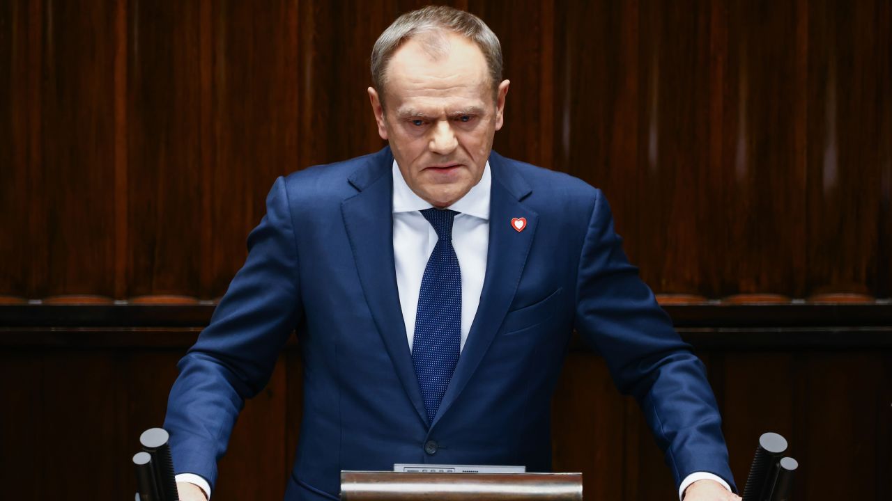 Donald Tusk, the leader of Civic Coalition (KO) and newly elected Prime Minister, gives inaugural speech during the parliament session in Warsaw, Poland on December 12, 2023.