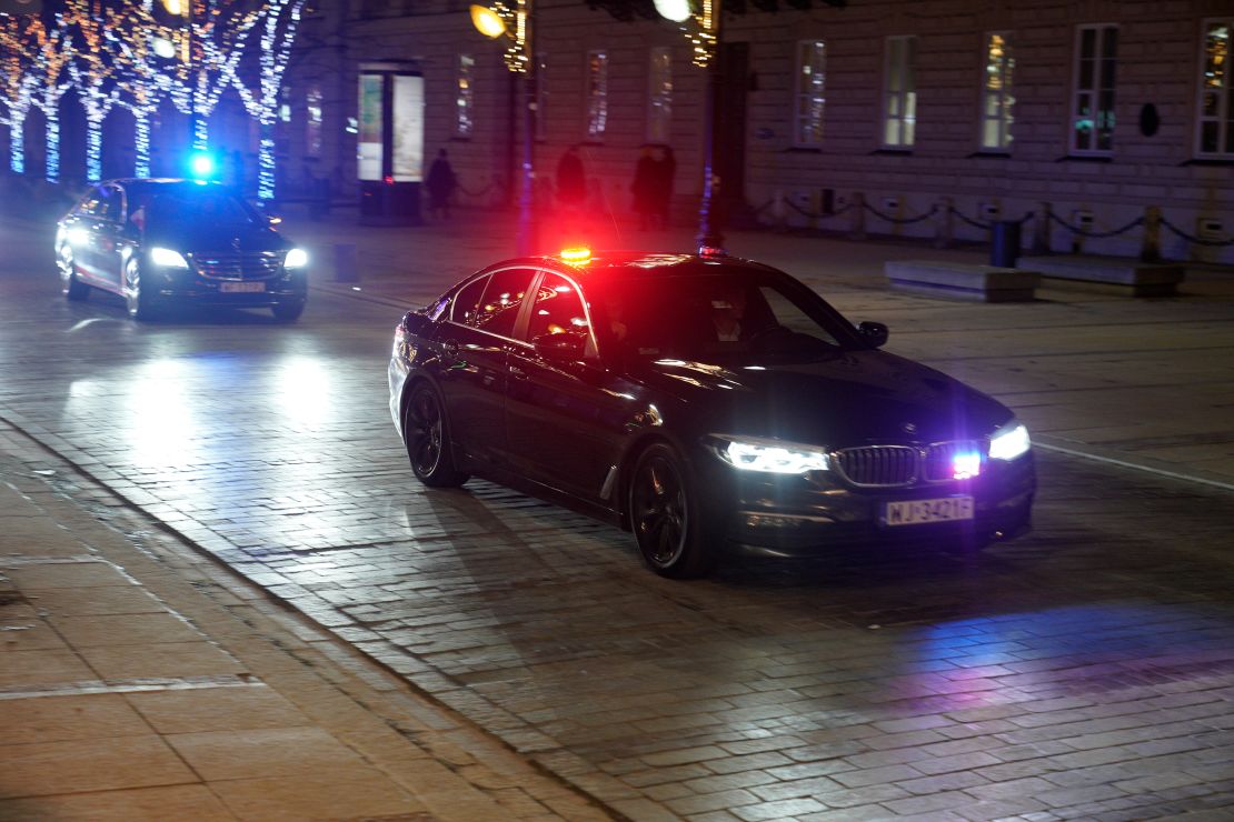 Cars with sirens from the Presidential Palace are seen on the Krakowskie Przedmiescie street in Warsaw, Poland on 09 January, 2024. Maciej Wasik and Mariusz Kaminski, two opposition MPs who previously led the government anti-corruption bureau CBA have been hiding out in the Presidential Palace after a warrant for their arrest had been issued following a court verdict in a corruption case.
