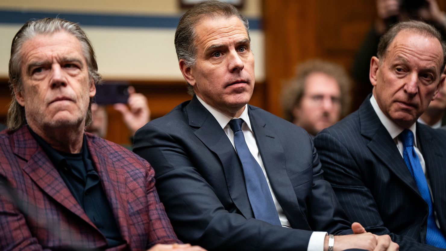 WASHINGTON, DC - JANUARY 10:Hunter Biden, son of U.S. President Joe Biden, flanked by Kevin Morris, left, and Abbe Lowell, right, attend a House Oversight Committee meeting on January 10, 2024 in Washington, DC. The committee is meeting today as it considers citing him for Contempt of Congress. (Photo by Kent Nishimura/Getty Images)