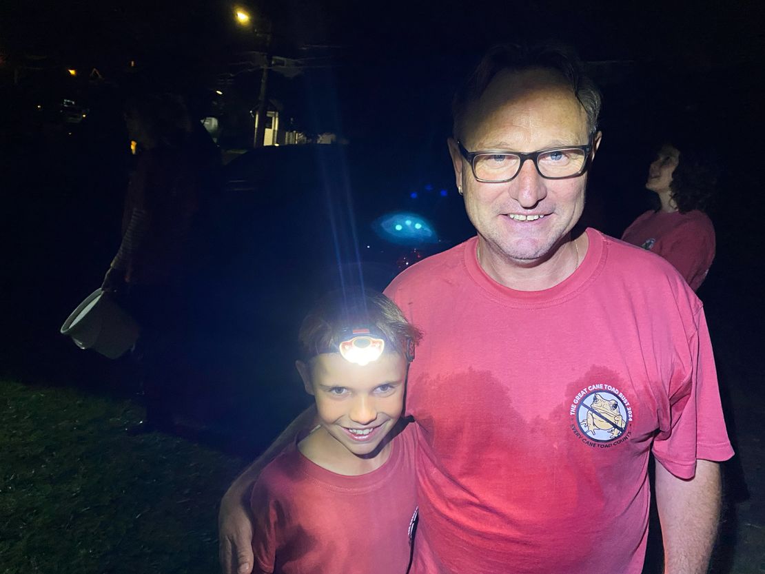 Connor and John Holmes caught an impressive 25 toads when toad busting in Brisbane, Australia. Wednesday, January 17, 2024.