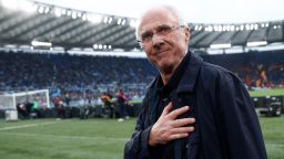 Sven-Goran Eriksson greets lazio fans before the match prior to the Serie A match between SS Lazio and AS Roma at Stadio Olimpico on March 19, 2023 in Rome, Italy.