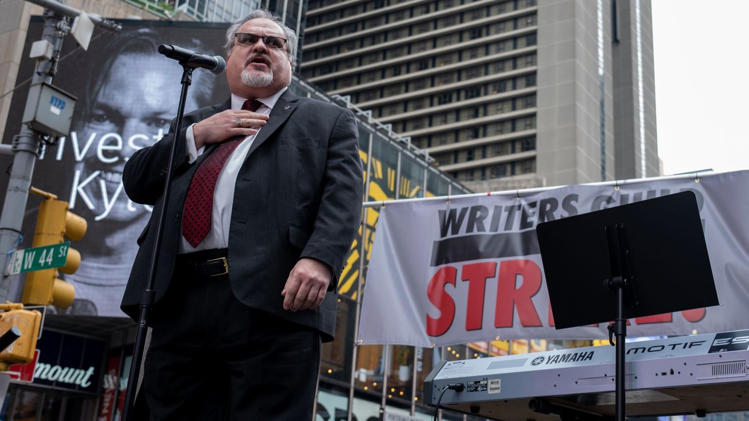 Tino Gagliardi, from the American Federation Of Musicians of the US and Canada, speaks at the 'Broadway Day Rally' hosted by the Writers Guild of America East in Times Square on June 15, 2023, in New York.