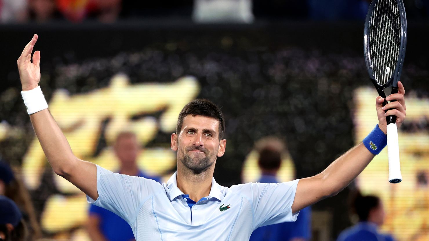 Novak Djokovic of Serbia reacts after defeating Adrian Mannarino of France in their fourth round match at the Australian Open tennis championships at Melbourne Park, Melbourne, Australia, Sunday, Jan. 21, 2024.