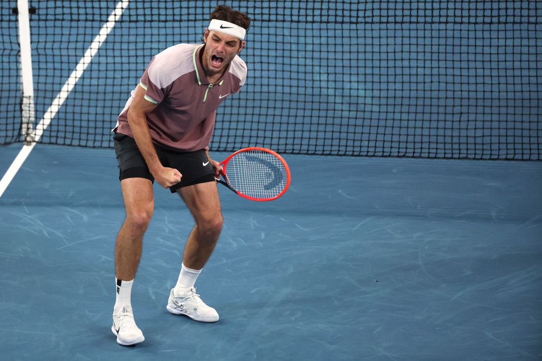 Taylor Fritz of the U.S. reacts during his fourth round match against Stefanos Tsitsipas of Greece at the Australian Open tennis championships at Melbourne Park, Melbourne, Australia, Sunday, Jan. 21, 2024.