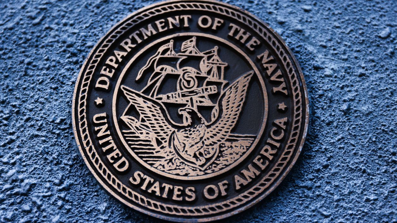 The United States Department of the Navy emblem is seen on a monument in Streator, Illinois, United States, on October 15, 2022. (Photo by Beata Zawrzel/NurPhoto via Getty Images)