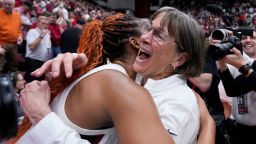 Stanford head coach Tara VanDerveer, is congratulated by forward Kiki Iriafen after beating Oregon State January 20.