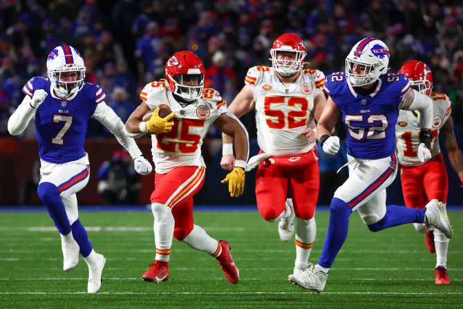Kansas City Chiefs running back Clyde Edwards-Helaire carries the ball in the second quarter of the Chiefs' 27-24 victory over the Buffalo Bills at Highmark Stadium in Orchard Park, New York, on January 21. The reigning Super Bowl champions will face the Baltimore Ravens in the AFC Championship.