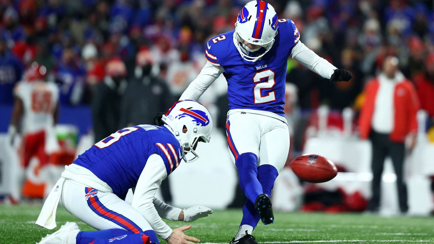 Jan 21, 2024; Orchard Park, New York, USA; Buffalo Bills place kicker Tyler Bass (2) misses a 44 yard field goal that would have tied the game in the closing minute against the Kansas City Chiefs during the second half for the 2024 AFC divisional round game at Highmark Stadium. Mandatory Credit: Mark J. Rebilas-USA TODAY Sports