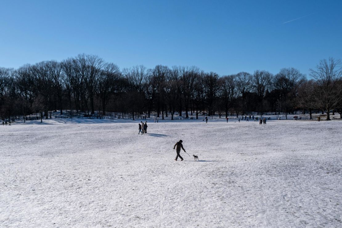People walk through the snow in Brooklyn's Prospect Park on a cold winter afternoon on January 21, 2024 in New York City.