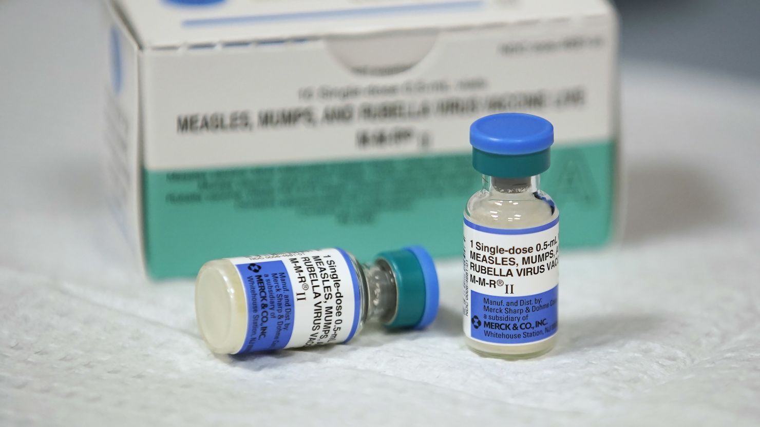 SALT LAKE CITY, UT - APRIL 26: In this photo illustration a 10 pack and one dose bottles of measles, mumps and rubella virus vaccine, made by MERCK, sits on a counter at the Salt Lake County Health Department on April 26, 2019 in Salt Lake City, Utah. (Photo Illustration by George Frey/Getty Images)