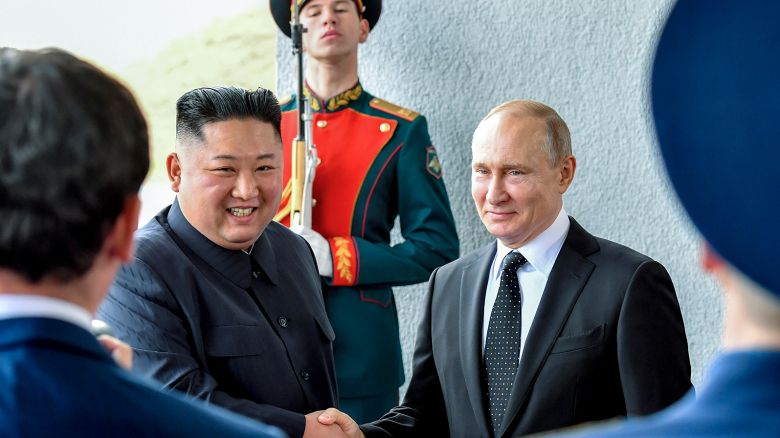 Russian President Vladimir Putin, right, and North Korea's leader Kim Jong Un shake hands during their meeting in Vladivostok, Russia, on April 25, 2019. A