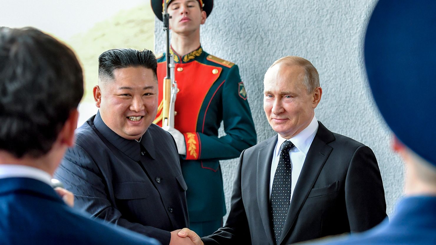 Russian President Vladimir Putin, right, and North Korea's leader Kim Jong Un shake hands during their meeting in Vladivostok, Russia, on April 25, 2019. A