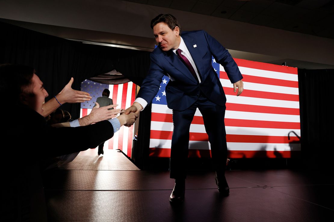 Republican presidential candidate Florida Gov. Ron DeSantis greets supporters at his caucus night event on January 15, 2024 in West Des Moines, Iowa. Iowans voted today in the state's caucuses for the first contest in the 2024 Republican presidential nominating process. Former president Donald Trump has been projected winner of the Iowa caucus.
