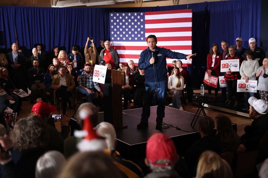 Republican presidential candidate Florida Governor Ron DeSantis speaks to guests during a campaign rally at the Thunderdome on December 2, 2023 in Newton, Iowa.
