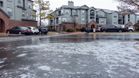Ice is pictured on a road in Crown Martin Apartments in Oklahoma City, on Monday, Jan. 22, 2024.