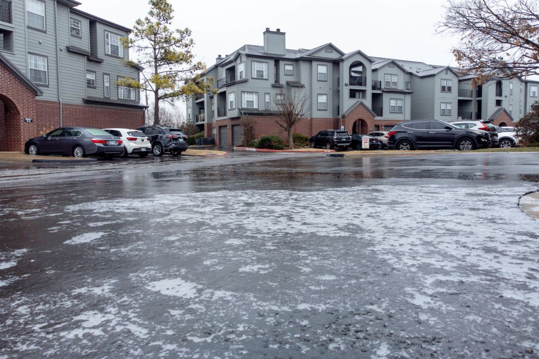 Ice is pictured on a road in Crown Martin Apartments in Oklahoma City, on Monday, Jan. 22, 2024.