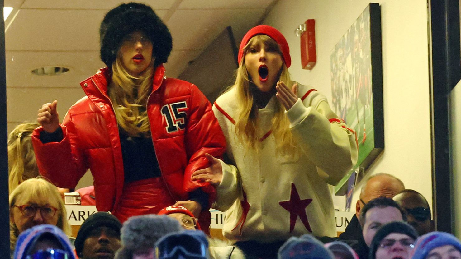 Jan 21, 2024; Orchard Park, New York, USA; Taylor Swift (right) and Brittany Mahomes react after Kansas City Chiefs tight end Travis Kelce (not pictured) scores a touchdown in the 2024 AFC divisional round game between against the Buffalo Bills at Highmark Stadium. Mandatory Credit: Mark J. Rebilas-USA TODAY Sports     TPX IMAGES OF THE DAY