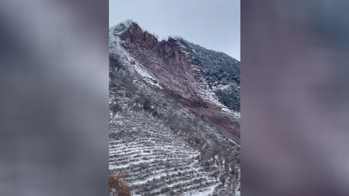 A view of a landslide in Liangshui Village, Zhaotong City, Yunnan province, China in this screen grab from social media video released January 22, 2024.