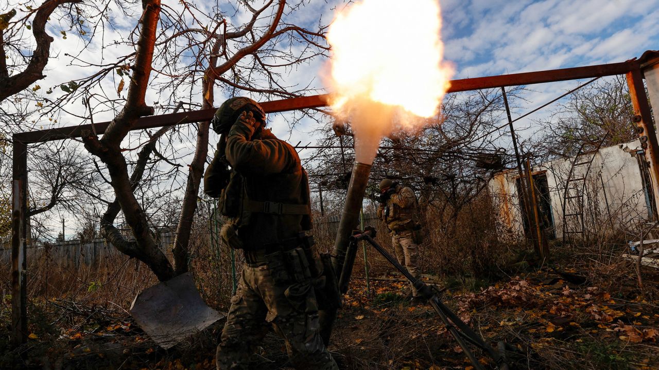 Members of Ukraine's National Guard Omega Special Purpose unit fire a mortar toward Russian troops in the front line town of Avdiivka, amid Russia's attack on Ukraine, in Donetsk region, Ukraine November 8, 2023. Radio Free Europe/Radio Liberty/Serhii Nuzhnenko via REUTERS     TPX IMAGES OF THE DAY