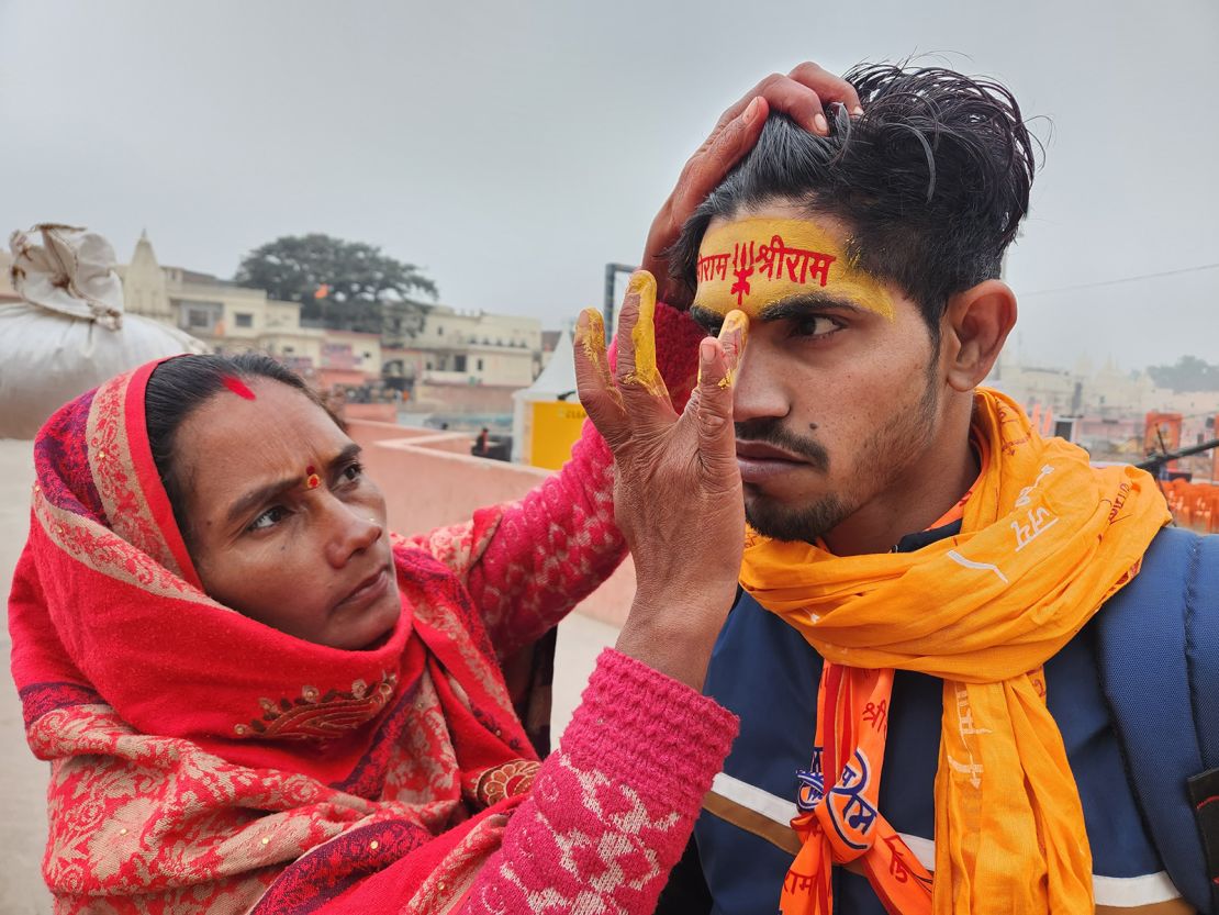 A Hindu devotee seen with his face painted in Ayodhya, India, on January 22.