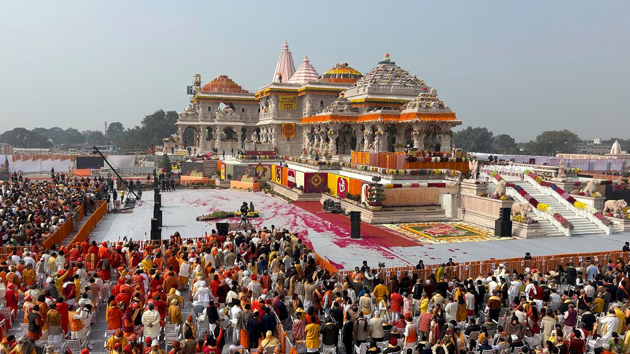 A general view of the audience during the opening of a temple dedicated to Hindu deity Lord Ram, in Ayodhya, India, Monday, January 22, 2024.