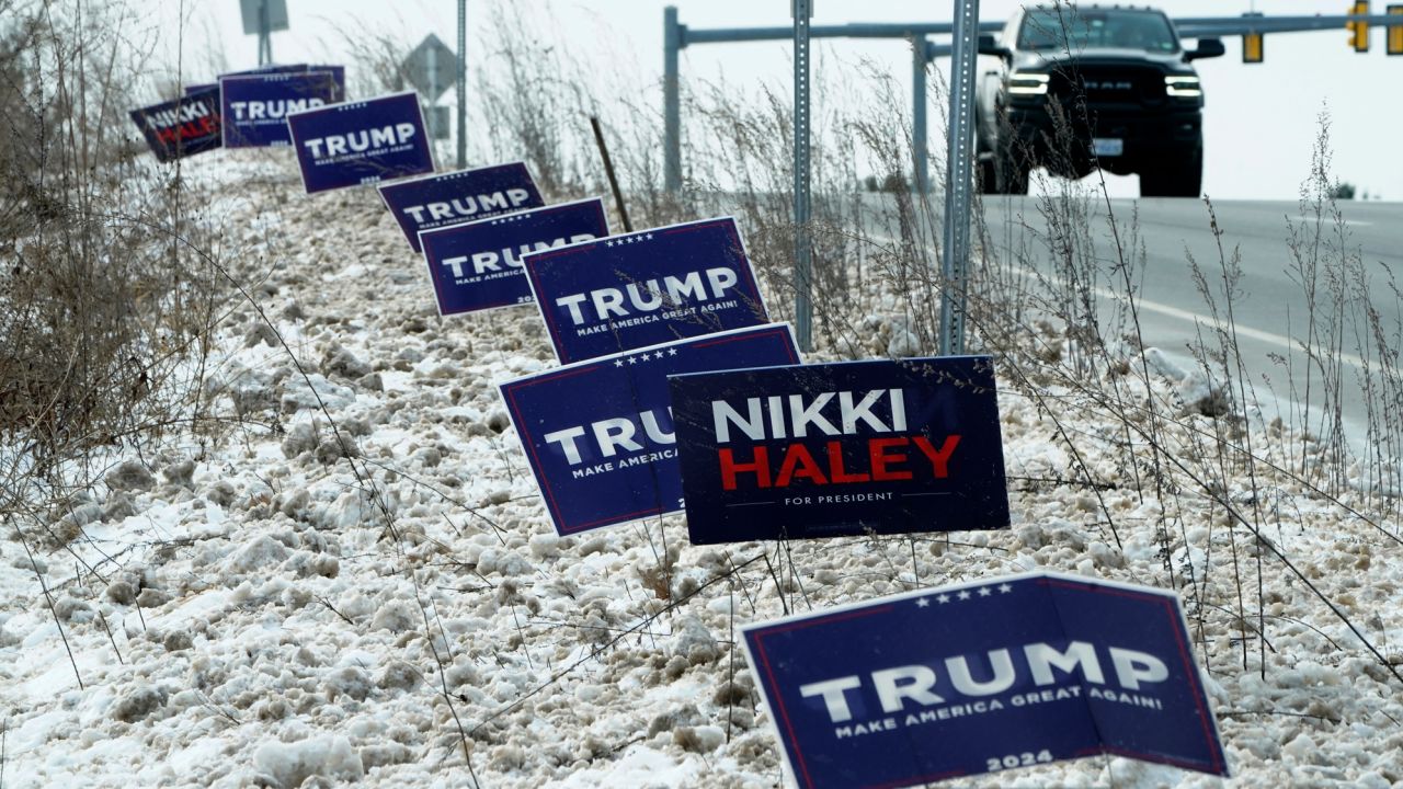 TOPSHOT - Campaign signs alongside a highway in Concord, New Hampshire, on January 18, 2024. The state's primary is scheduled for January 23, 2024. (Photo by TIMOTHY A. CLARY / AFP) (Photo by TIMOTHY A. CLARY/AFP via Getty Images)