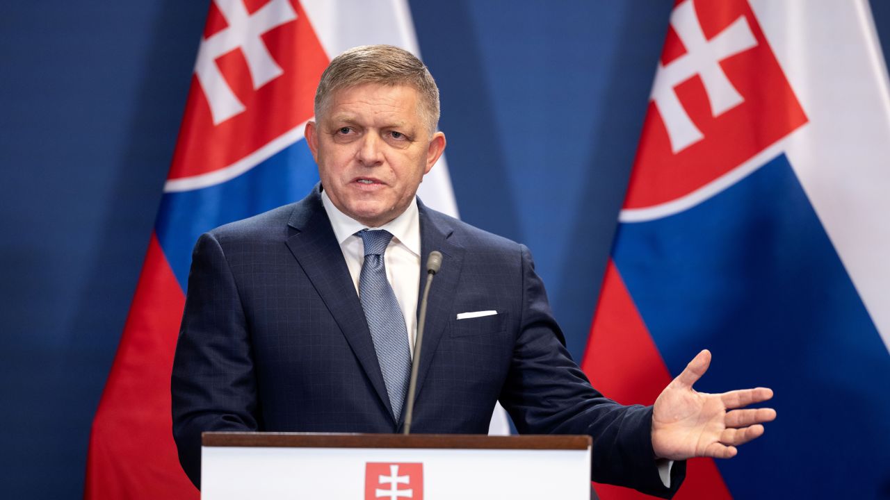 BUDAPEST, HUNGARY - JANUARY 16: Robert Fico, Slovakia's prime minister, speaks during a news conference with Viktor Orban, Hungary's prime minister, not pictured on January 16, 2024 in Budapest, Hungary. Slovakia's recently elected populist prime minister visits his Hungarian counterpart in Budapest, his second official trip since taking office last September. (Photo by Janos Kummer/Getty Images)