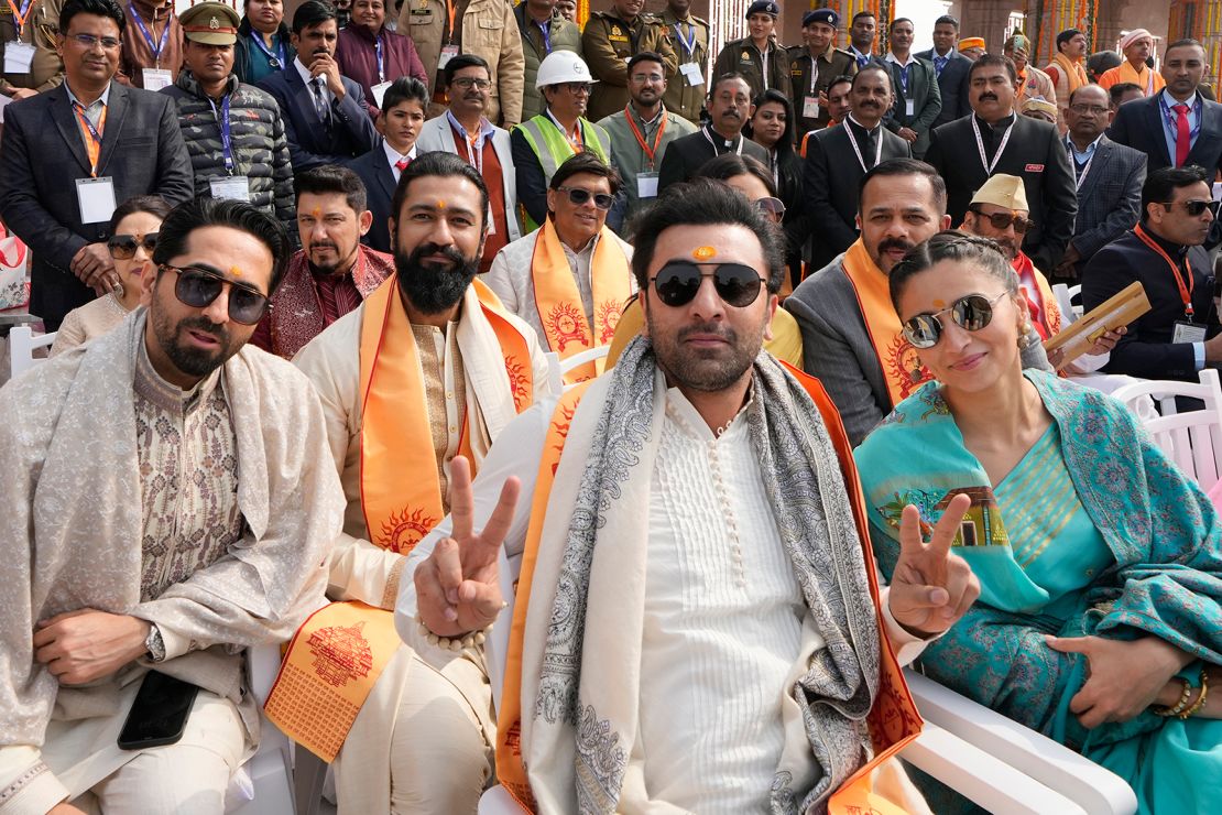 Bollywood stars attend the opening of a temple dedicated to Hinduism's Lord Ram in Ayodhya, India, Monday, January 22, 2024.