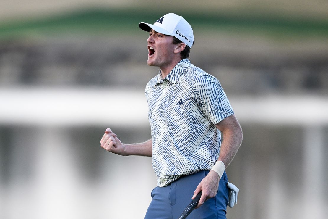 LA QUINTA, CALIFORNIA - JANUARY 21: Nick Dunlap of the United States reacts to winning The American Express on the 18th green at Pete Dye Stadium Course on January 21, 2024 in La Quinta, California. (Photo by Orlando Ramirez/Getty Images)