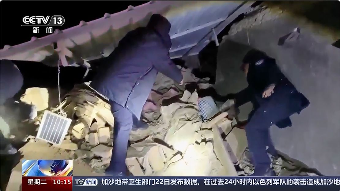 In this image taken from video footage run by China's CCTV, rescuers work near the rubble from an earthquake in Kizilsu Kirghiz Autonomous Prefecture, China's western Xinjiang region Tuesday, January 23, 2024.