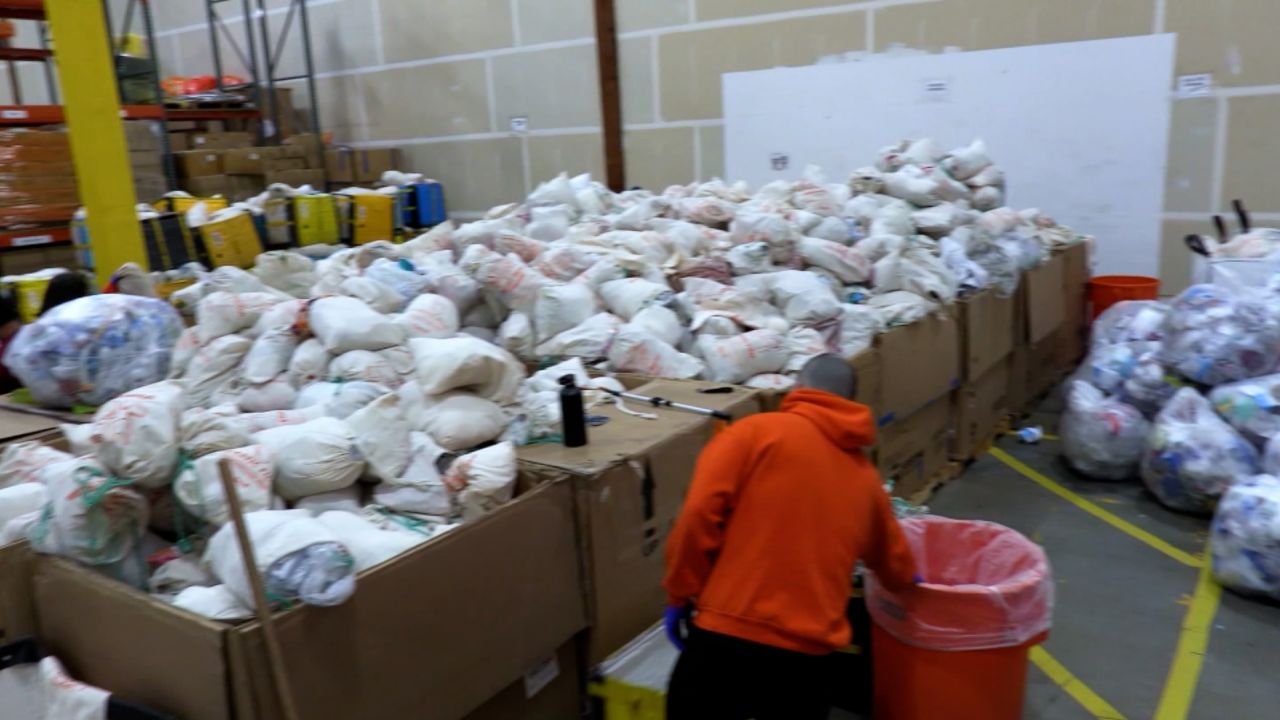 bags of collected plastic are sorted and recycled at the Ridwell facility in Seattle.