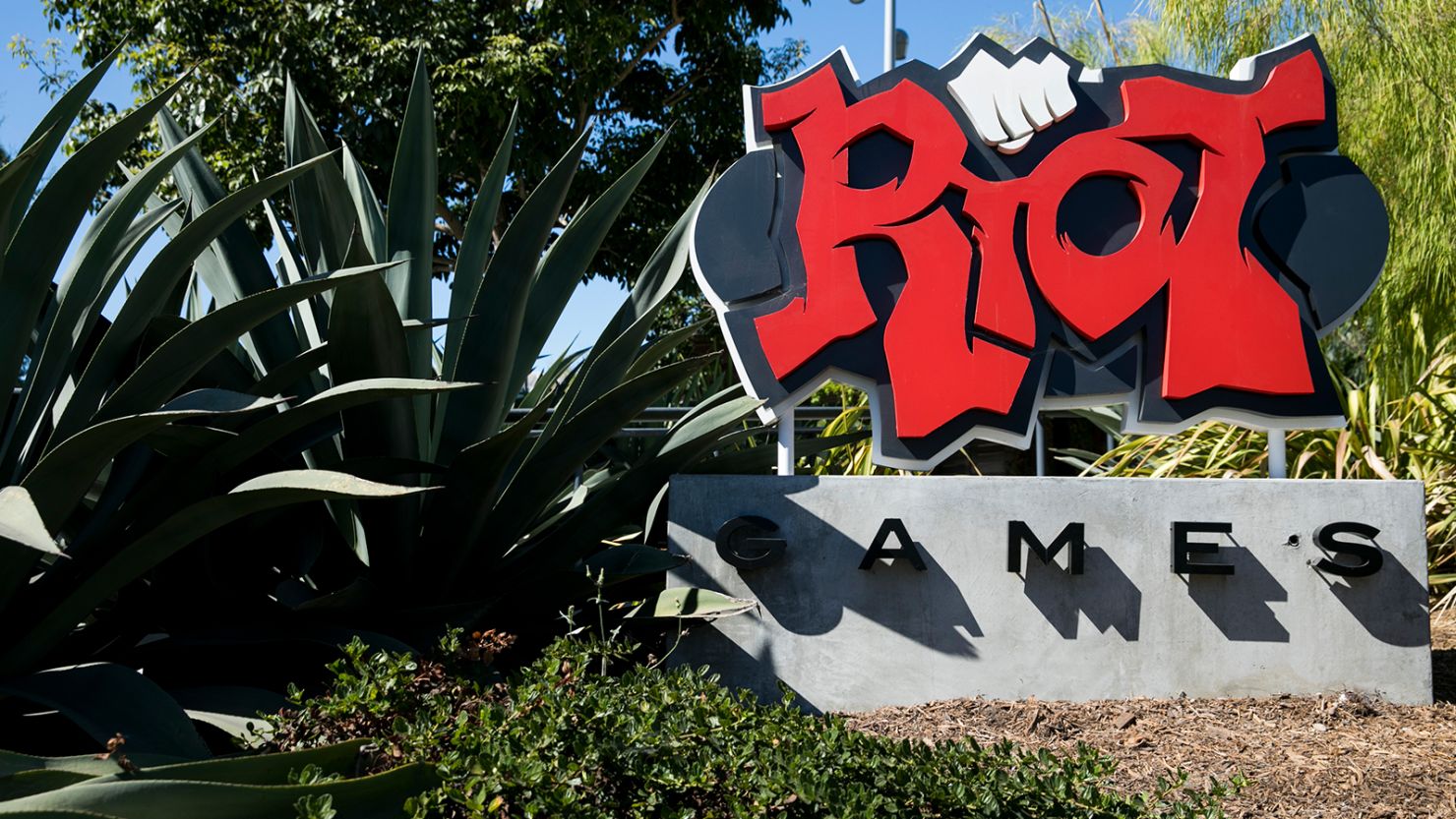 A logo sign outside of the headquarters of Riot Games, Inc., in Los Angeles, California on September 15, 2018