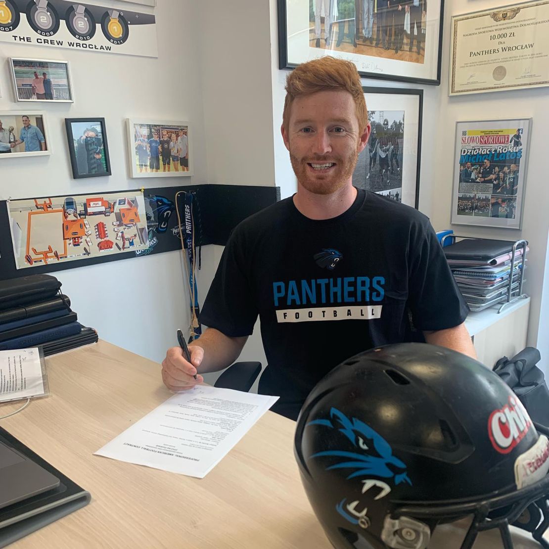 From Tadhg Leader Instagram: "Delighted to have signed to play in the @europeanleagueoffootball for the remainder of the season representing @pantherswroclaw. Just landed into Wroclaw today, beautiful city and lucky to have a great bunch of teammates. Looking forward to continuing the adventure! #wroclaw #panthers #thejourneycontinues"