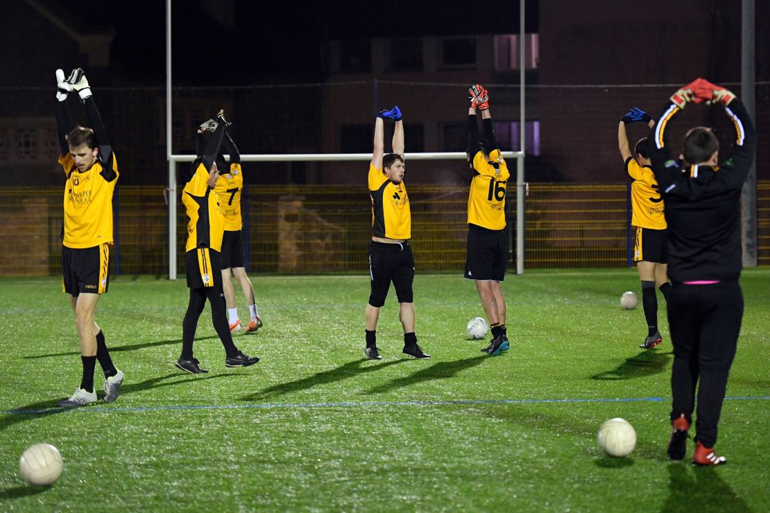 Members of the US Liffre Gaelic football team take part in a training session on January 29, 2018 in Liffre on the outskirts of Rennes, western France.
A curious mixture of football, rugby, basketball and volleyball: Gaelic football, king sport in Ireland, has been gradually establishing itself in France for about twenty years. / AFP PHOTO / Damien MEYER        (Photo credit should read DAMIEN MEYER/AFP via Getty Images)