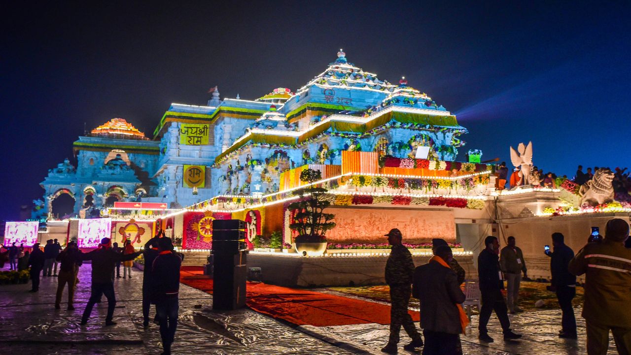 AYODHYA, INDIA - JANUARY 22: A general view of the Ram Mandir on the day of its consecration ceremony January 22, 2024 in Ayodhya, India. The Ram Mandir, a temple built at a site thought to be the birth place of Lord Rama, a significant figure in Hindu religion, was be inaugurated on Jan. 22, 2024. (Photo by Ritesh Shukla/Getty Images)