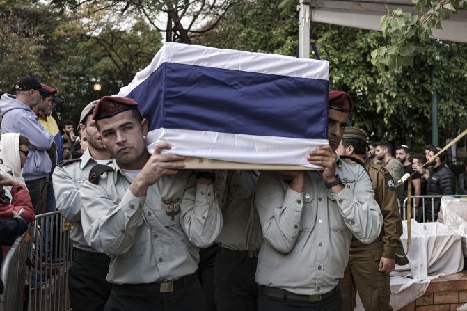 Israeli soldiers hold Major Ilay Levy's coffin during his funeral in Tel Aviv, Israel, on January 23. Levy was one of <a href="index.php?page=&url=https%3A%2F%2Fedition.cnn.com%2F2024%2F01%2F23%2Fmiddleeast%2Fgaza-israeli-soldiers-deaths-intl-hnk%2Findex.html" target="_blank">24 Israeli soldiers killed on the deadliest day for Israeli forces in Gaza combat.</a>