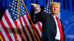 ATKINSON, NEW HAMPSHIRE - JANUARY 16: Republican presidential candidate, former U.S. President Donald Trump points to supporters at the conclusion of a campaign rally at the Atkinson Country Club on January 16, 2024 in Atkinson, New Hampshire. Trump won this week's Iowa caucus, solidifying him as the lead Republican nominee in the first balloting of 2024. The former U.S. President heads to Atkinson, New Hampshire today as he continues campaigning during the primary election. (Photo by Brandon Bell/Getty Images)