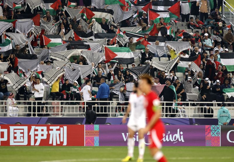 Fans react in the stands during the Palestine v Hong Kong match in Qatar.