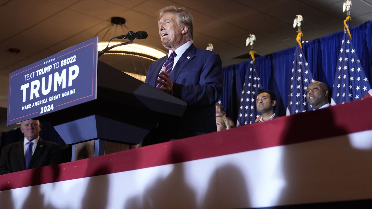 Republican presidential candidate former President Donald Trump speaks at a primary election night party in Nashua, N.H., Tuesday, Jan. 23, 2024. (AP Photo/Matt Rourke)