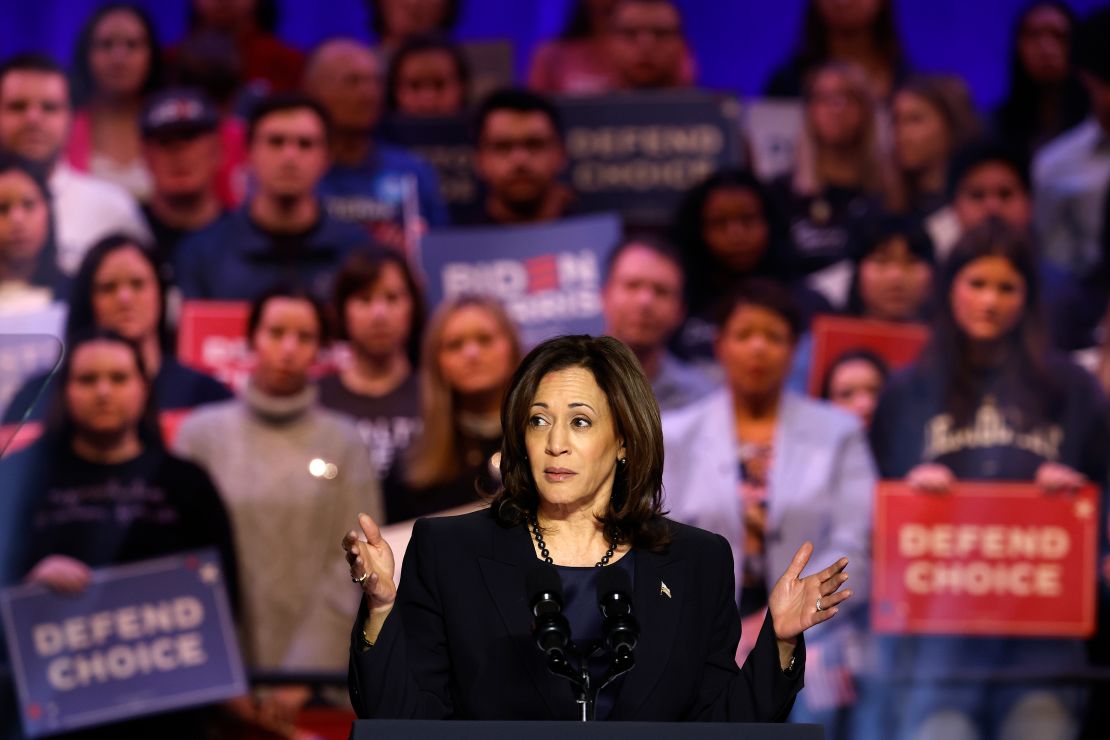 U.S. Vice President Kamala Harris speaks at a "Reproductive Freedom Campaign Rally" at George Mason University on January 23, 2024 in Manassas, Virginia. During the first joint rally held by the President and Vice President, President Joe Biden and Harris spoke on what they perceive as a threat to reproductive rights.