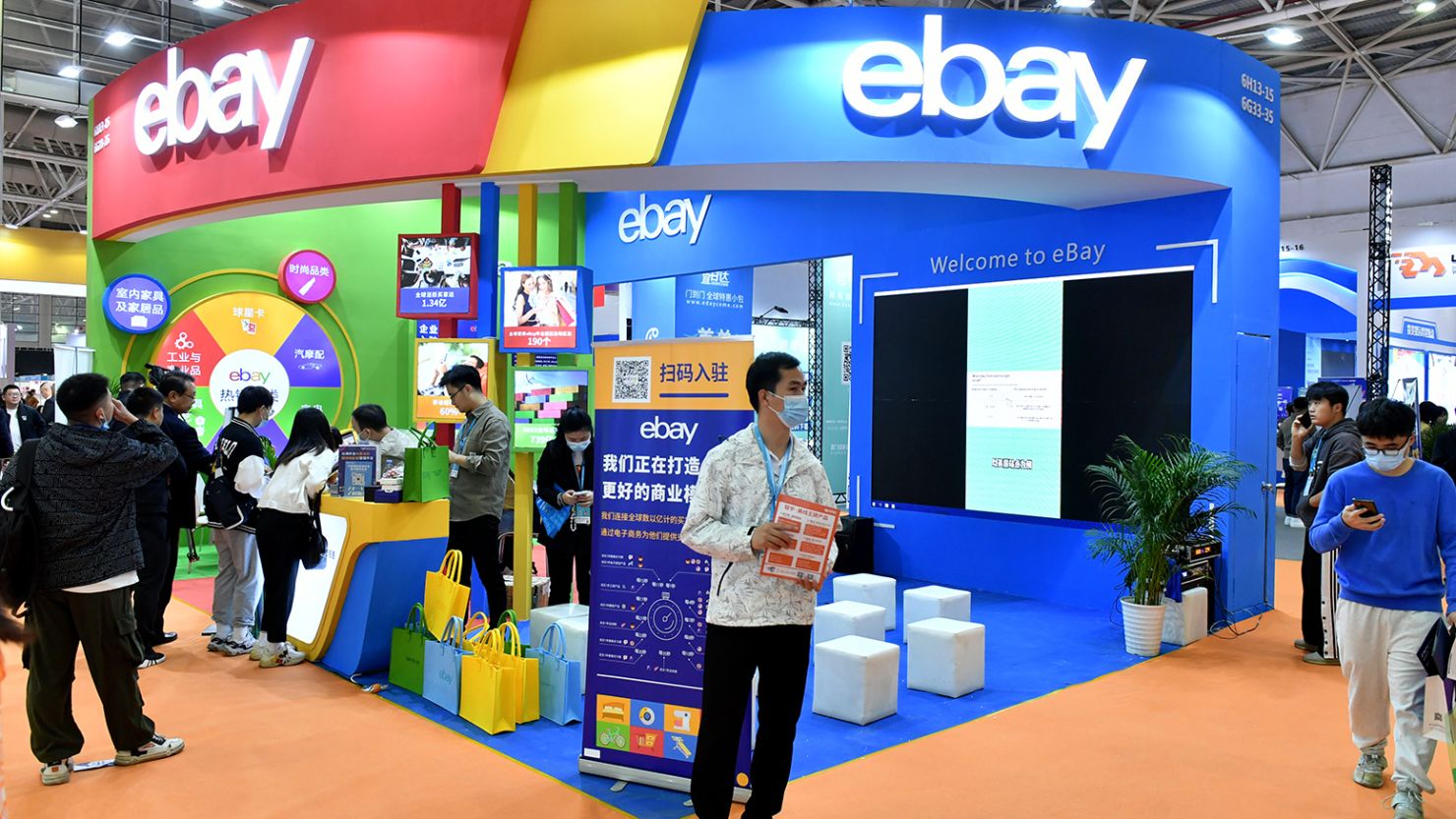People visit the eBay booth during the 3rd China Cross-Border E-Commerce Trade Fair at Strait International Conference and Exhibition Center on March 18, 2023 in Fuzhou, Fujian Province of China.
