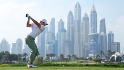 DUBAI, UNITED ARAB EMIRATES - JANUARY 21: Rory McIlroy of Northern Ireland tees off on the eighth hole during the Final Round of the Hero Dubai Desert Classic at Emirates Golf Club on January 21, 2024 in Dubai, United Arab Emirates. (Photo by Warren Little/Getty Images)