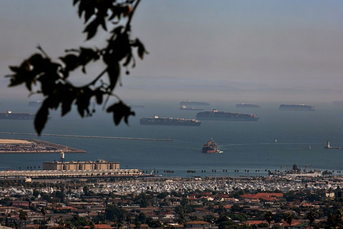 The Port of Los Angeles is backed up with a growing number of incoming cargo ships waiting offshore as the port is set to begin operating around the clock on Wednesday, Oct. 13, 2021 in San Pedro, CA.