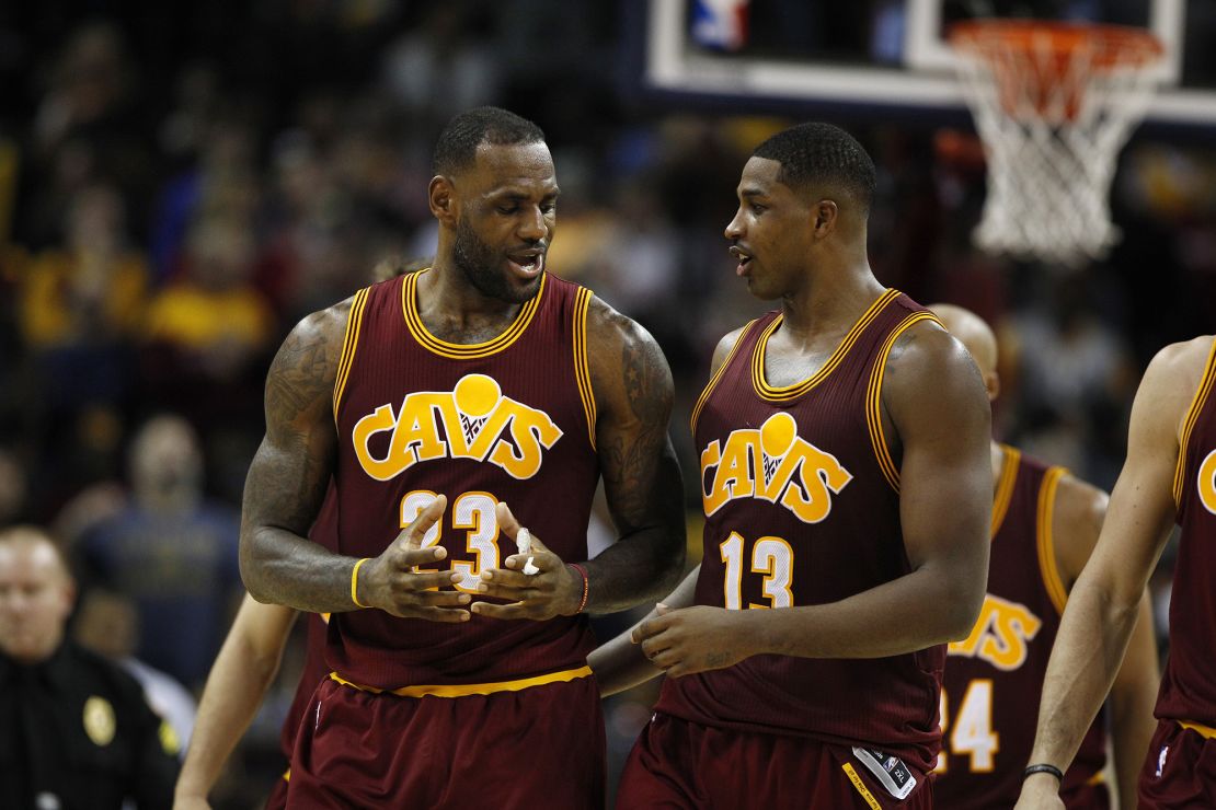 CLEVELAND, OH - DECEMBER 17: LeBron James #23 of the Cleveland Cavaliers talks with teammate Tristan Thompson #13 during the second half against the Oklahoma City Thunder on December 17, 2015 at Quicken Loans Arena in Cleveland, Ohio. The Cavaliers defeated the Thunder 104-100. NOTE TO USER: User expressly acknowledges and agrees that, by downloading and or using this photograph, User is consenting to the terms and conditions of the Getty Images License Agreement. (Photo by David Maxwell/Getty Images)