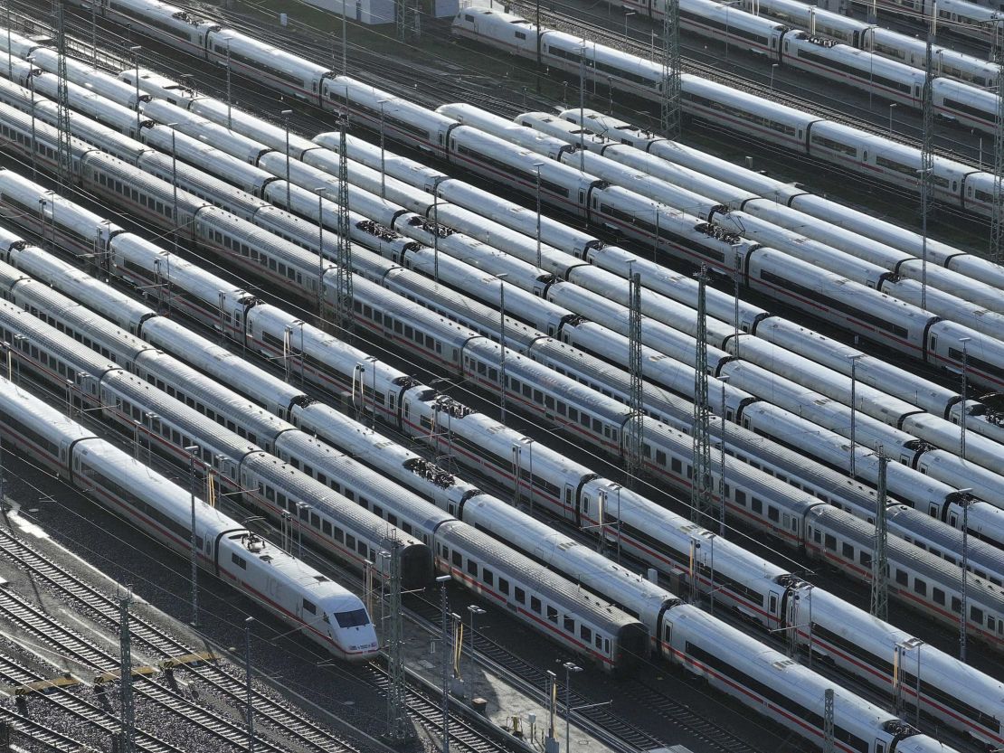 BERLIN, GERMANY - JANUARY 24: In this aerial view, ICE high-speed trains of German state rail carrier Deutsche Bahn stand parked during a nationwide strike by the GDL union of locomotive drivers and rail attendees on January 24, 2024 in Berlin, Germany. The GDL launched the six day strike this morning, thereby bringing most passenger service and substantial freight service to a standstill nationwide. This will be the longest rail strike in modern German history. GDL is in an ongoing dispute with Deutsche Bahn over reducing their members' work week. (Photo by Sean Gallup/Getty Images)