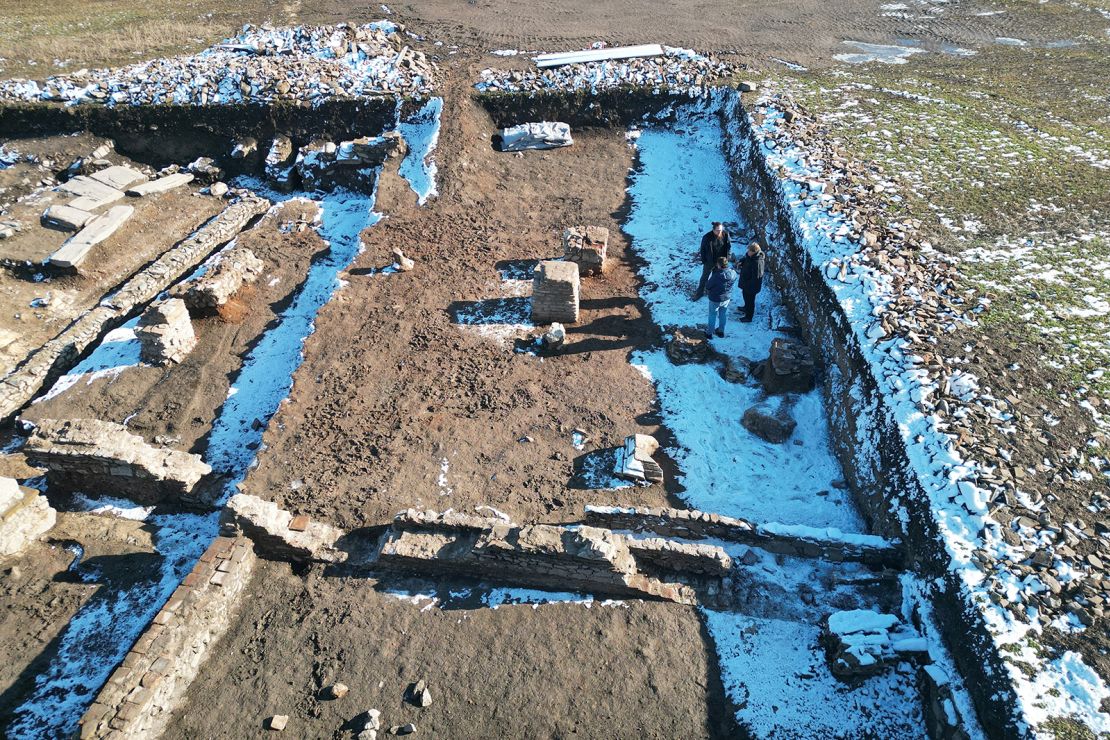 The site of an ancient Roman triumphal arch that was discovered by archaeologists at Viminacium, a former Roman settlement, near the town of Kostolac, Serbia, January 22, 2024.