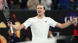 MELBOURNE, AUSTRALIA - JANUARY 24: Alexander Zverev of Germany celebrates winning their quarterfinals singles match against Carlos Alcaraz of Spain during the 2024 Australian Open at Melbourne Park on January 24, 2024 in Melbourne, Australia. (Photo by Cameron Spencer/Getty Images)
